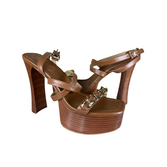 NEW Michael Kors Paola Chain Leather Platform Sandals Brown Gold Chain Size 9 - Picture 6 of 14